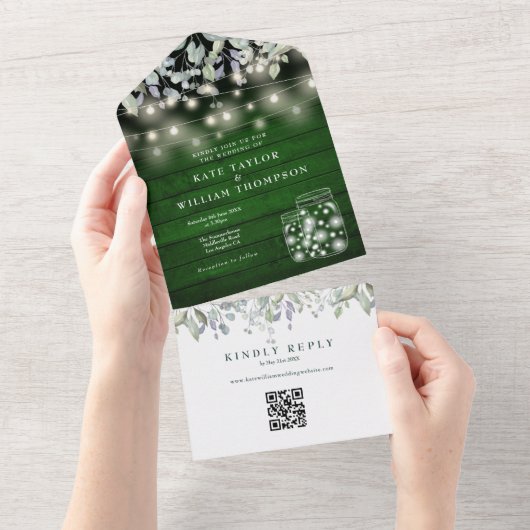 Groen Hout Bloemen String Lights QR Code Bruiloft All In One Uitnodiging (Afscheurbaar)