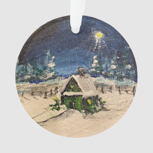 Groen huisje in de sneeuw ornament (voorkant)