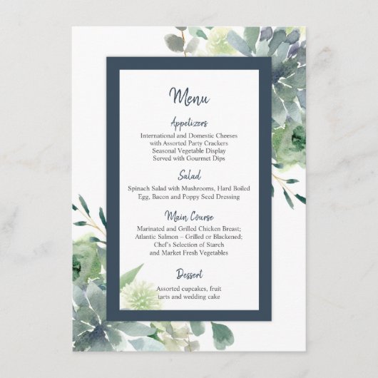 Groen & Indigo Blauw Succulenten Witte bloemen Men Menu (Voorkant)