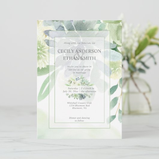 Groen & Indigo Succulenten Witte Bloemen Bruiloft Kaart (Staand voorkant)