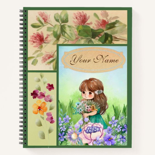 Groen ingelijste lente landschap schattig bloemig notitieboek (Voorkant)