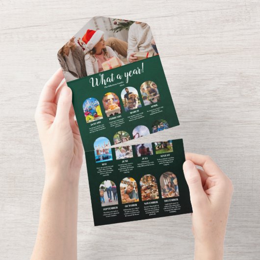 Groen Jaaroverzicht Multi-fotocollage Kerstmis All In One Uitnodiging (Afscheurbaar)