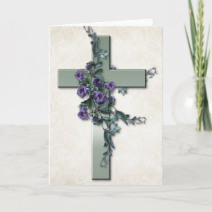Groen kruis met Wenskaart met paarse bloemen Kaart