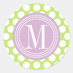 Groen & Lavendel Grote Polka Dots Monogrammed Ronde Sticker