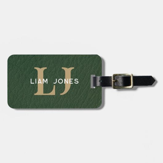 Groen Lederen Initialen Monogrammed Modern Bagagelabel (Voorkant horizontaal)