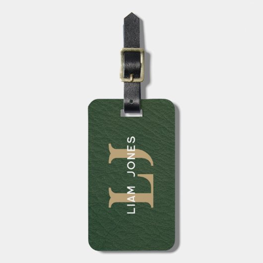 Groen Lederen Initialen Monogrammed Modern  Bagagelabel (Voorkant verticaal)
