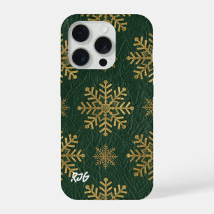 Groen leer bewerkt met gouden sneeuwvlokken initia iPhone 15 pro hoesje