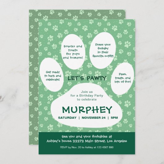 Groen Let's Pawty, Paw Print Kaart (Voorkant / Achterkant)