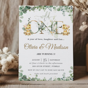 Groen Leuke Leeuw Cubs Twins Meisjes 1e Verjaardag Kaart