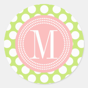 Groen & Lichtroze Grote Polka-Dots Monogrammed Ronde Sticker