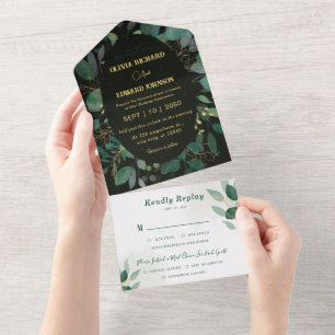 Groen lijst met Rsvp gouden en zwarte bruiloft All In One Uitnodiging