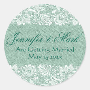 Groen Linnen Burlap & Wit Bloemen Kant 2 Invite Ronde Sticker