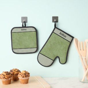 Groen linnen en Gingham Check gepersonaliseerd Ovenwant & Pannenlap Set