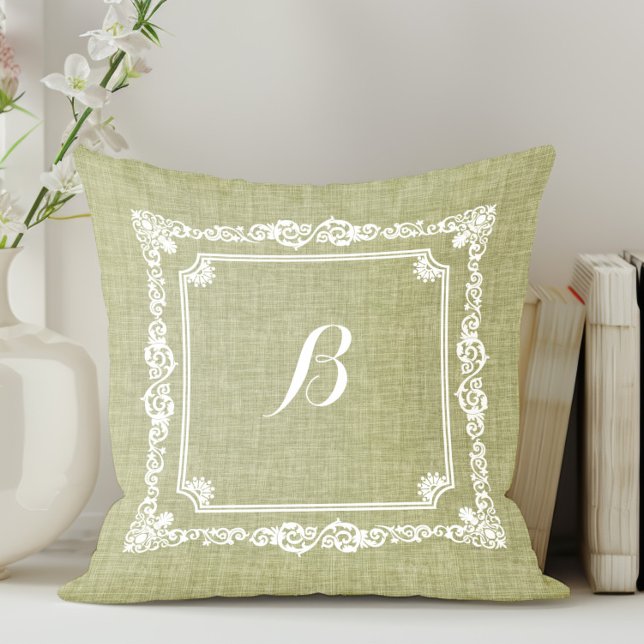 Groen Linnen Witte Frame Monogram Kussen (Creator heeft geüpload)