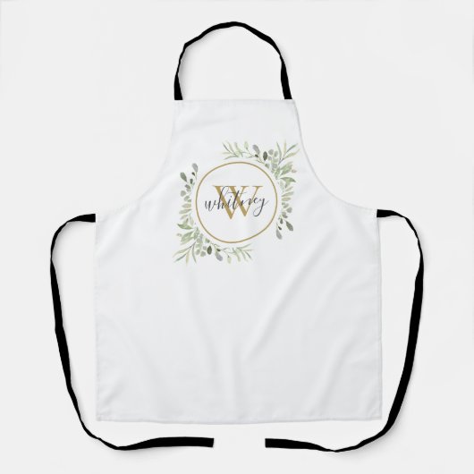 Groen Loof Goud Monogram Elegant Schrift Schort (Voorkant)