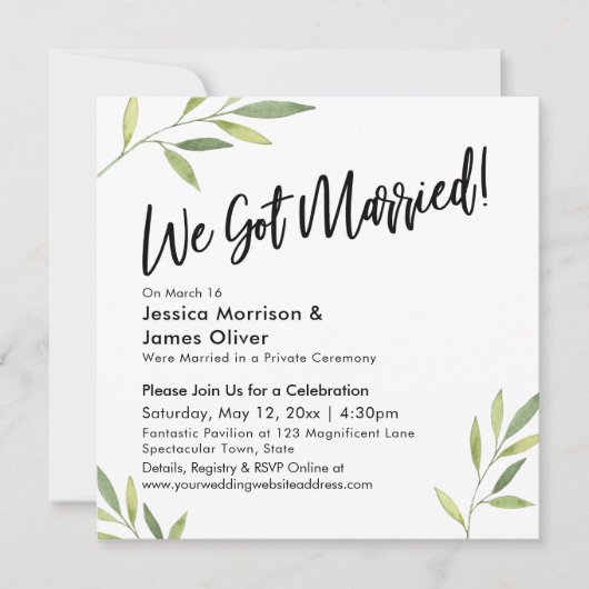 Groen Loof Modern Handgeschrift We Zijn Getrouwd! Kaart (Voorkant)