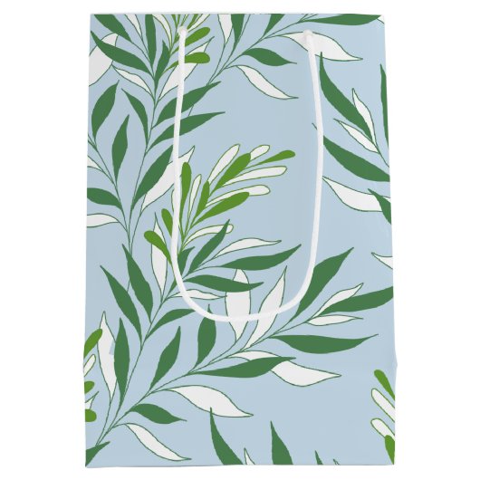 Groen Loofpatroon Elegant Groen Lichtblauw Medium Cadeauzakje (Achterkant)