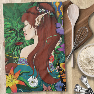 Groen Man Elf Fantasy Floral Theedoek