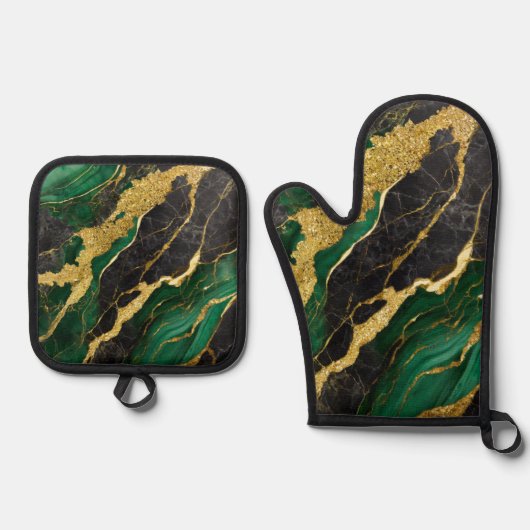 Groen marmeren patroon met goud ovenwant & pannenlap set (Voorkant)