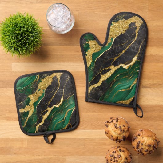 Groen marmeren patroon met goud ovenwant & pannenlap set (Top down)