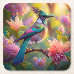 Groen met kop Jay Fantasy Bird Vierkante Kartonnen Onderzetter