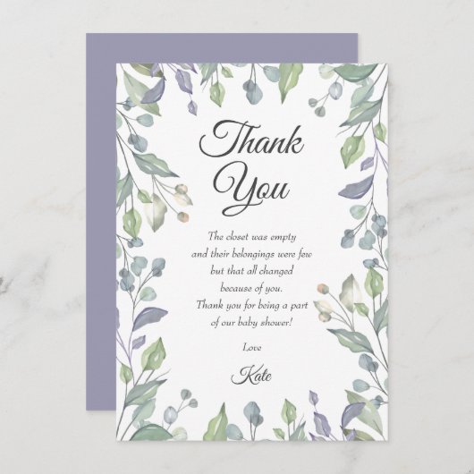 Groen met Lila Baby shower Dank u Gedicht Bedankkaart (Voorkant / Achterkant)