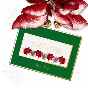 Groen Met Rode Poinsettia Folie Uitnodiging