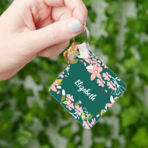 Groen met roze bloemen gepersonaliseerd sleutelhanger