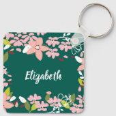Groen met roze bloemen gepersonaliseerd sleutelhanger (Achterkant)