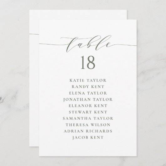 Groen Minimalistisch Script Zitschema Tafelnummer (Voorkant / Achterkant)