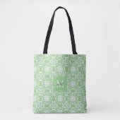 Groen Modern Geometrisch Batikpatroon Monogram Draagtas (Voorkant)