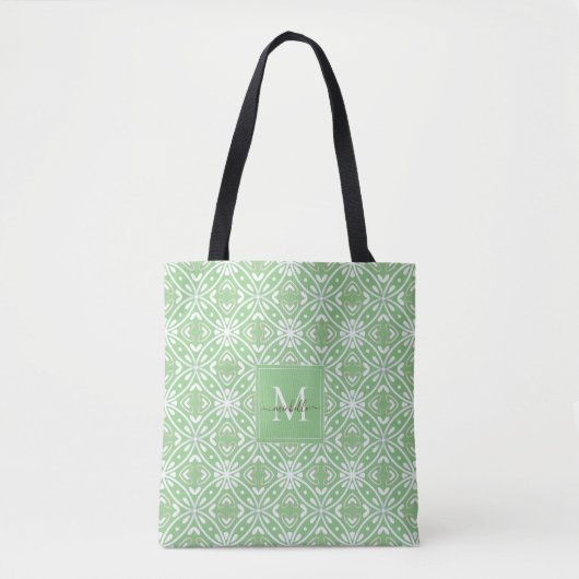 Groen Modern Geometrisch Batikpatroon Monogram Draagtas (Voorkant)