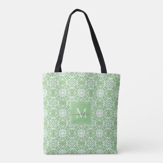 Groen Modern Geometrisch Batikpatroon Monogram Draagtas (Achterkant)