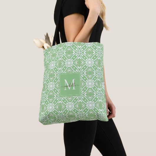 Groen Modern Geometrisch Batikpatroon Monogram Draagtas (Dichtbij)