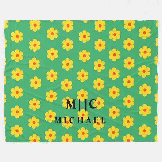 Groen modern monogram retro floral fleece deken (Voorkant (Horizontaal))