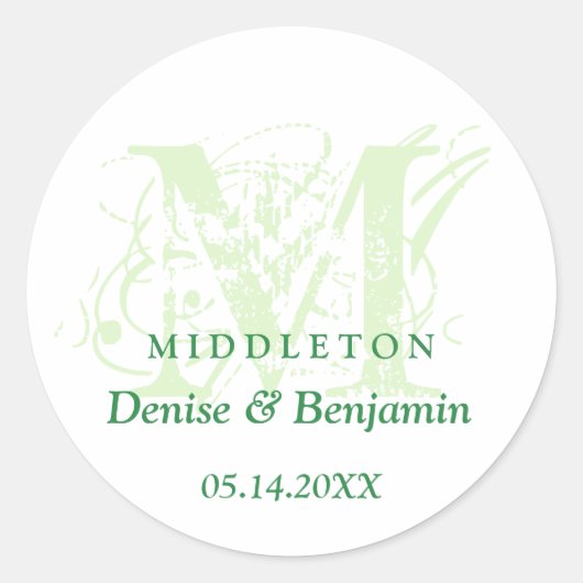 Groen monogram antiek chic label bruiloft gunst (Voorkant)