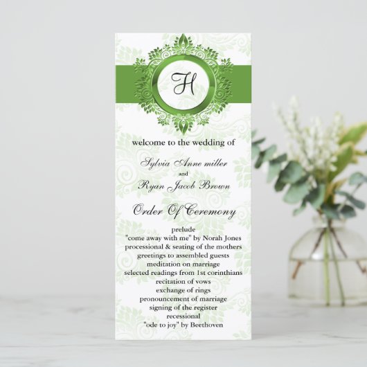 groen monogram bruiloft programma (Staand voorkant)