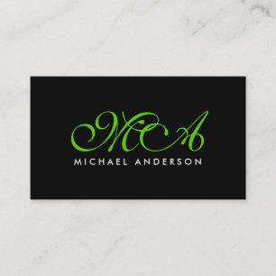 Groen Monogram Elegant Schrift Zwarte Achtergrond Visitekaartje
