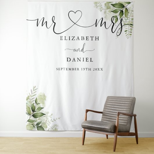 Groen Mr. Mrs Script Huwelijksfoto Achtergrond Wandkleed (In situ)