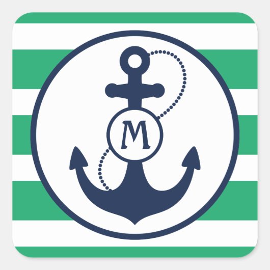 Groen Nautisch monogram anker Vierkante Sticker (Voorkant)