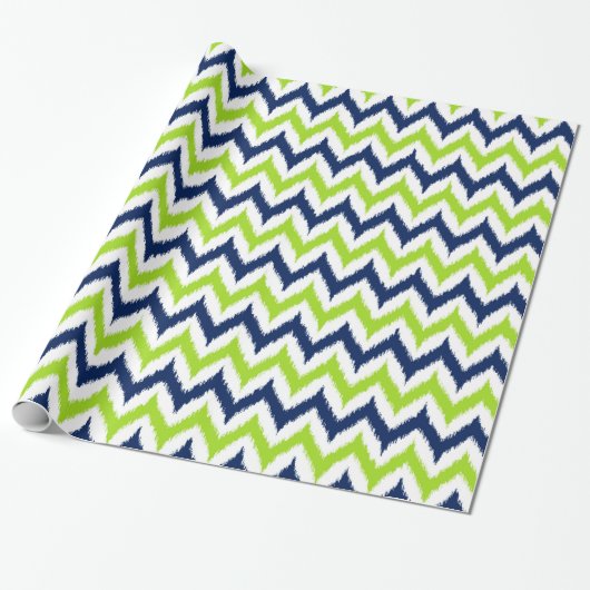 Groen, Navy Blue en White Zigzag Ikat Pattern Cadeaupapier (Uitgerold)