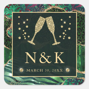 Groen Oerwoud Dierenafdrukken Glitter Agate Weddin Vierkante Sticker