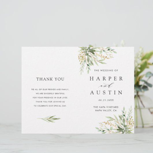 Groen olieveld Botanical Folded Wedding Programme (Staand voorkant)