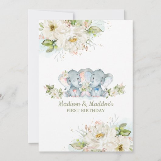 Groen Olifant Tweeling Jongen Meisje Verjaardagsfe Kaart (Achterkant)