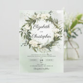 Groen Olijf Foliage Krans Wit Rozen Bruiloft Kaart (Staand voorkant)
