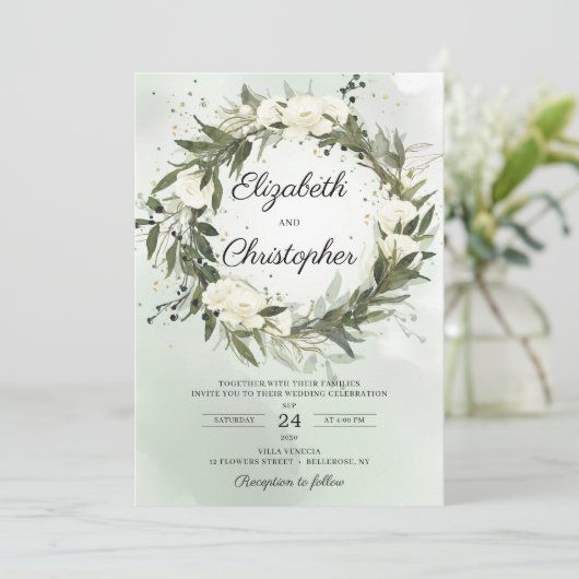 Groen Olijf Foliage Krans Wit Rozen Bruiloft Kaart (Staand voorkant)