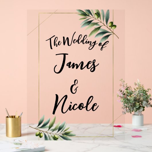 Groen Olijfblad & Goud Rustiek Trouwbord Acryl Bord (Huwelijk)