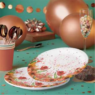 Groen & Oranje Modern Abstract Bloemmotief Papieren Bordje