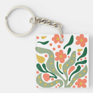 Groen & Oranje Modern Abstract Bloemmotief Sleutelhanger