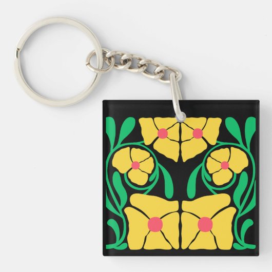 Groen & Oranje Modern Abstract Bloemmotief Sleutelhanger (voorkant)